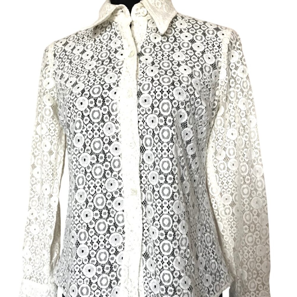 Trina Turk Sheer Lace Button-Down Blouse, Cream See-Thru Top, Size Small - Picture 4 of 15